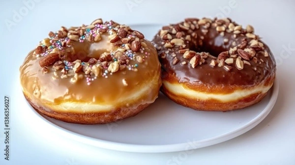 Obraz Two delicious donuts sit on a white plate. One is topped with caramel, nuts, and sprinkles the other with chocolate and nuts. The image is well-lit, high-quality, and features a shallow depth of fiel
