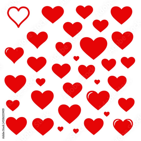 Fototapeta Hearts Array: A collection of vibrant red hearts in various sizes and styles, symbolizing love, affection, and the emotions associated with romance, presented in a visually appealing arrangement.