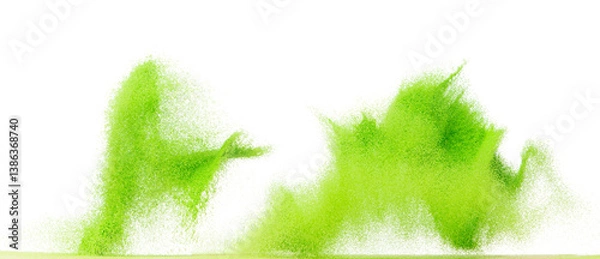 Fototapeta Small size green Sand flying explosion, vegetable sands grain wave explode. Abstract cloud fly. Green colored sand splash throwing in Air. White background Isolated high speed shutter, throwing freeze