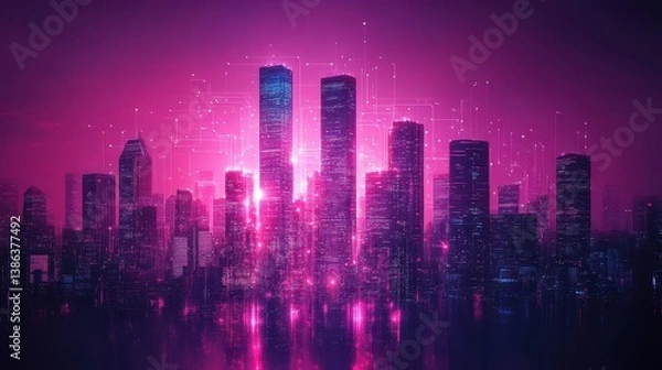 Fototapeta Cityscape at night, digital network, futuristic glow, urban background, website banner