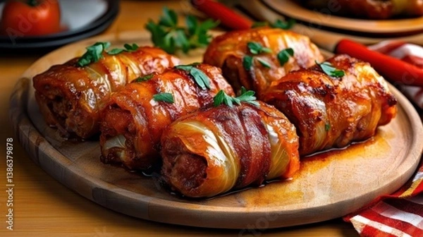 Fototapeta Cabbage rolls wrapped in bacon on wooden plate for easter dinner