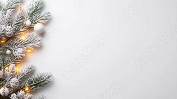 Fototapeta Festive winter decorations,  white sprigs of faux snow-dusted pine, glowing string lights, and round ornaments create a minimalist holiday border