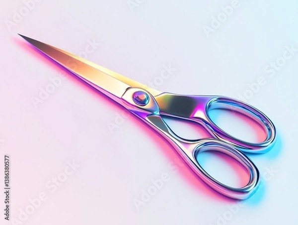 Fototapeta Scissors with Iridescent Metal Finish on Plain Background for Creative Projects