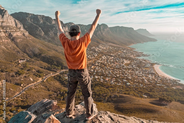 Obraz Top of the world - Victory and success. Cape Town hiker reaches summit of Lions Head, Table Mountain. South Africa is best travel and tourism destination for adventure and nature