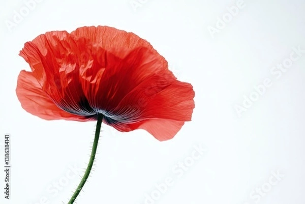 Fototapeta Single Red Poppy Flower in Translucent Bloom Against White Background
