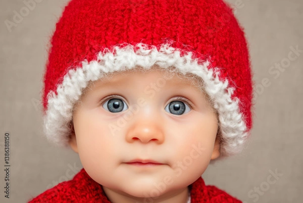 Fototapeta Caucasian baby with blue eyes wearing red and white knitted winter hat and sweater looking at camera for christmas, holiday or seasonal childhood portrait 