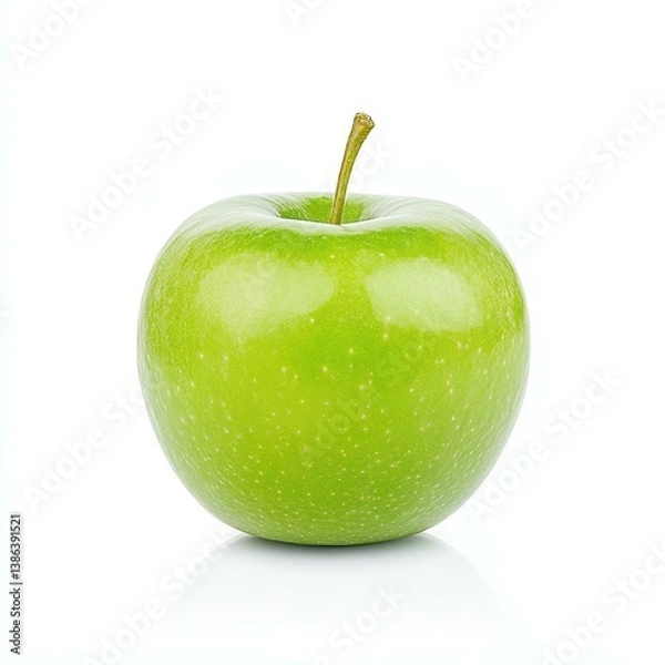 Fototapeta A vibrant green apple lies on a  white background, showcasing its crisp texture and fresh appeal.