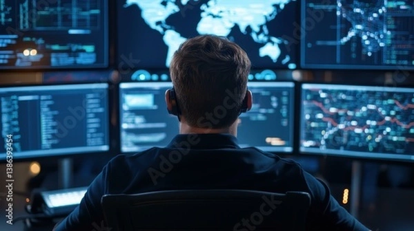 Obraz A cybersecurity expert vigilantly monitors networks at night, utilizing multiple screens for data visualization in a techrich environment.