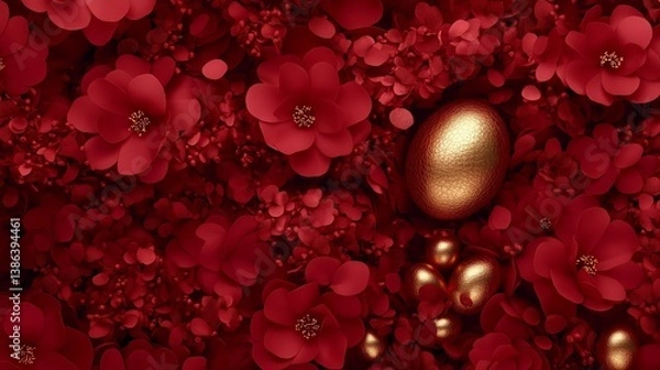 Fototapeta Creative pattern of vibrant red flowers with shiny golden eggs. Easter celebration concept with copy space.