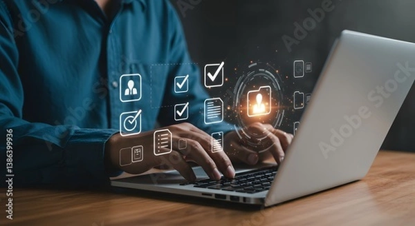 Obraz A professional interacts with a virtual checklist on a touchscreen, working on a laptop at a wooden desk in a modern, outdoor-inspired setting.