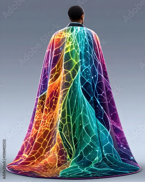 Fototapeta A vibrant, rainbow-hued cape with intricate wing-like design