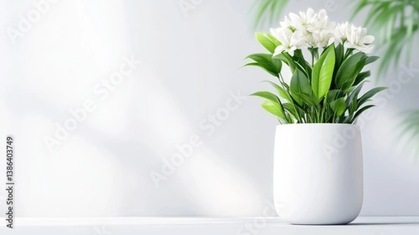 Fototapeta A white potted plant with white flowers and green leaves sits on a white surface. The background is a minimalist white wall with subtle light shadows. The image is digitally rendered, high-quality,
