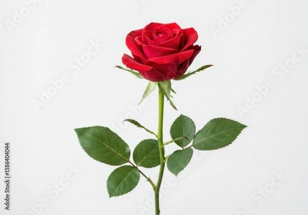 Fototapeta A single red rose with green leaves and stem isolated on a plain white background in full bloom