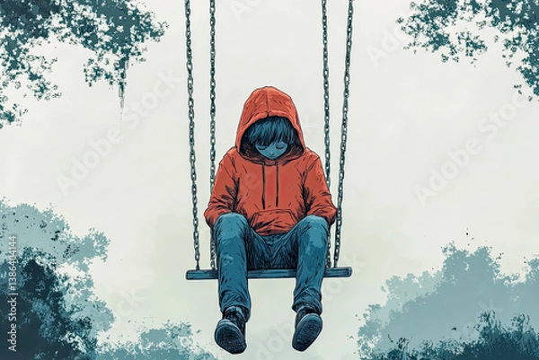 Fototapeta A young boy sits alone on a swing, his hood covering his face as he reflects in deep sadness and silence