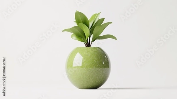 Fototapeta Minimalist indoor plant with vibrant green leaves in a glossy round ceramic pot placed on a white surface with soft shadows in a clean and modern aesthetic setup.
