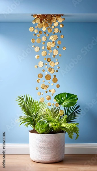 Fototapeta Gold coins falling onto potted tropical plants against a blue wall