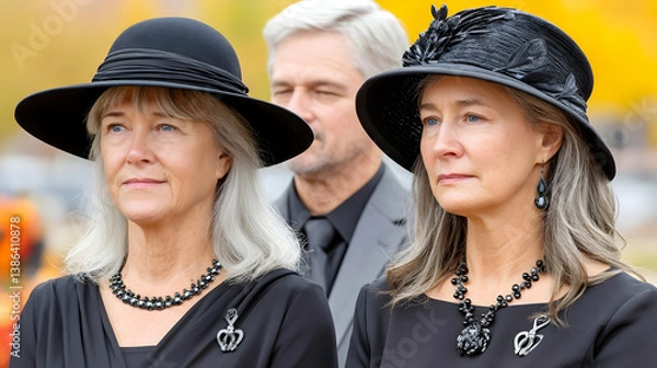 Fototapeta Two women in black attire, somber expressions, attending a funeral or memorial service  A man is blurred in the background