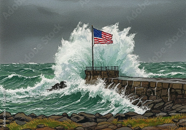 Obraz 거친 파도가 밀려오는 바닷가에 성조기