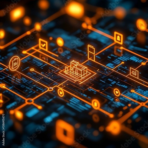 Fototapeta Futuristic Digital Architecture with Complex Data Networks and Interfaces Represented in Orange Neon : Generative AI