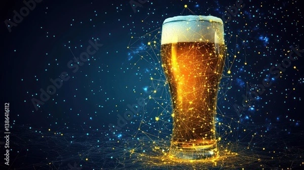 Fototapeta Glittering beer pint, digital art, dark background, pub ad
