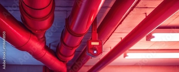 Fototapeta Industrial style with rows of vibrant red pipes on ceilings, bright lighting, metallic textures, modern architectural details, clean lines, functional design