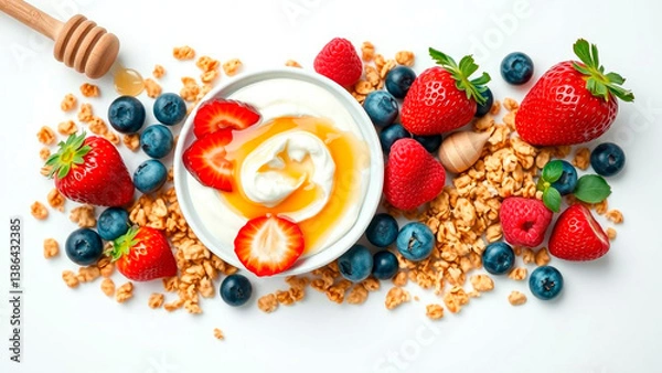 Fototapeta A vibrant breakfast bowl featuring creamy yogurt, fresh berries, granola, and a drizzle of honey.  A delicious and healthy morning meal.
