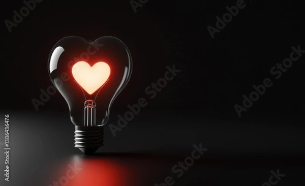 Fototapeta Glowing heart-shaped bulb symbolizing love and creativity against a dark background.