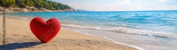 Fototapeta A red heart-shaped object on a sunny sandy beach with a calming ocean backdrop.