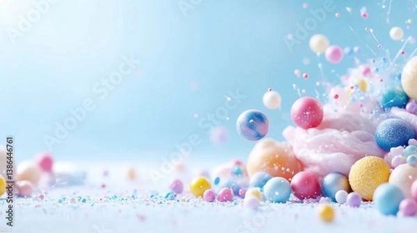 Fototapeta Pastel confectionery explosion. Colorful sweets, sprinkles, and bouncing spheres create a playful, vibrant display
