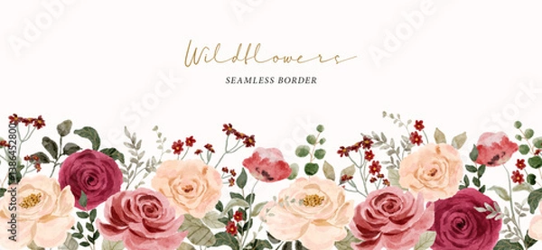 Obraz red pink peach floral watercolor seamless border; bouquet of roses seamless border