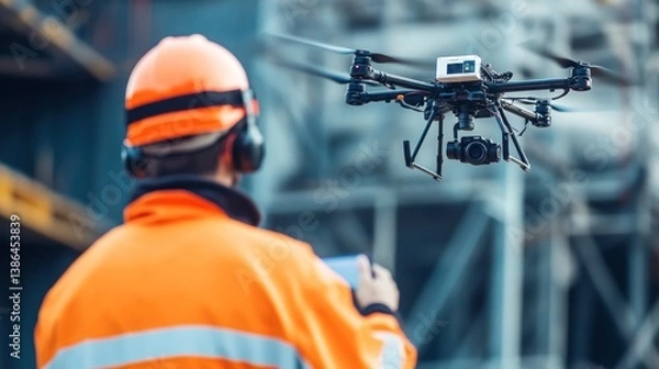 Obraz Industrial drone operator in safety gear operating a drone for inspection.