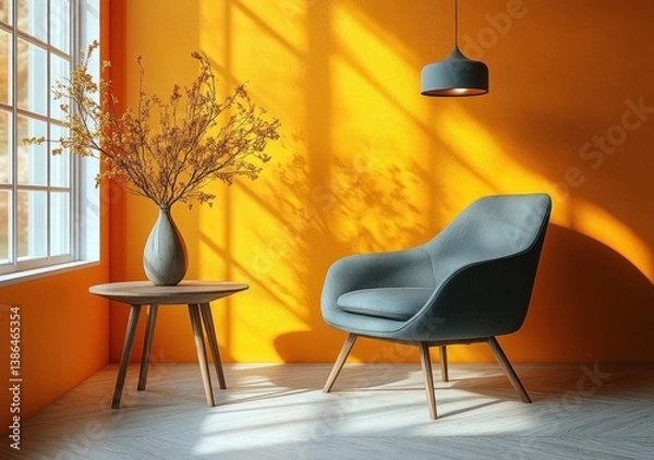 Fototapeta Scandinavian Modern Living Room Interior Design with Gray Chair and Yellow Gray Wall