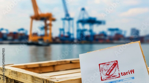 Fototapeta Customs document with red tariff stamp on wooden crate, international shipping, import export logistics and freight transportation concept.