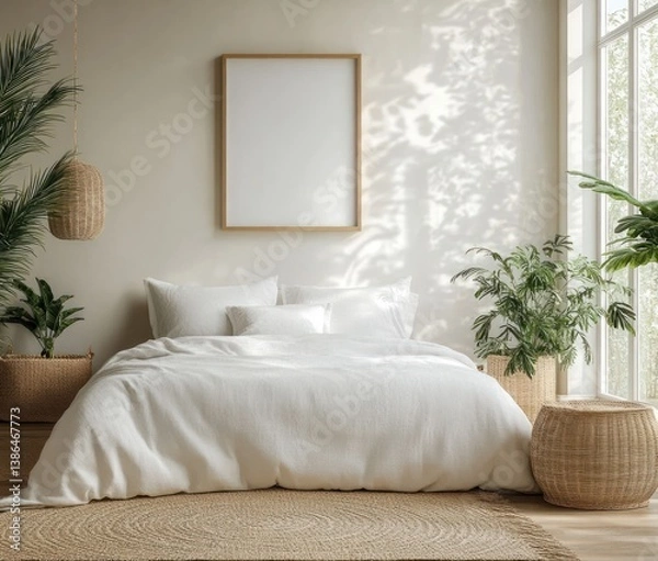 Fototapeta Minimalist Scandinavian Bedroom Interior Design with Mockup Frame Cozy Bedding and Green Plants