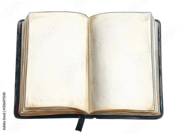Obraz Open vintage book with blank pages and black ribbon bookmark on transparent background