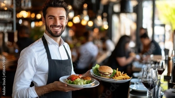 Obraz Friendly waiter serving food in a restaurant