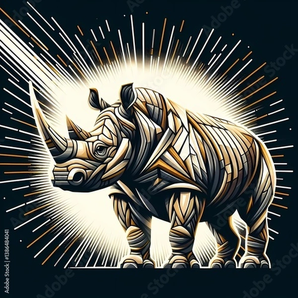 Fototapeta Geometric digital artwork of a rhinoceros with gold, white, and black mosaic-style patterns on a black background