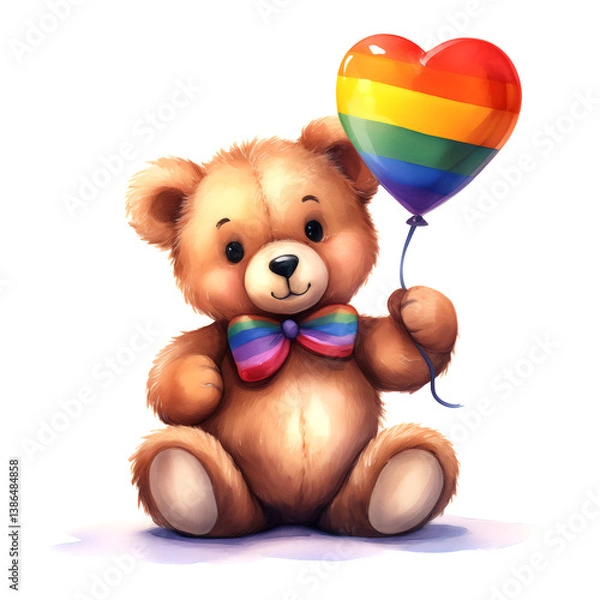 Obraz レインボー・フラッグのハート型風船を持ったかわいいクマのぬいぐるみ。白背景。(Cute teddy bear holding a heart-shaped balloon with the pride flag on white background.)
