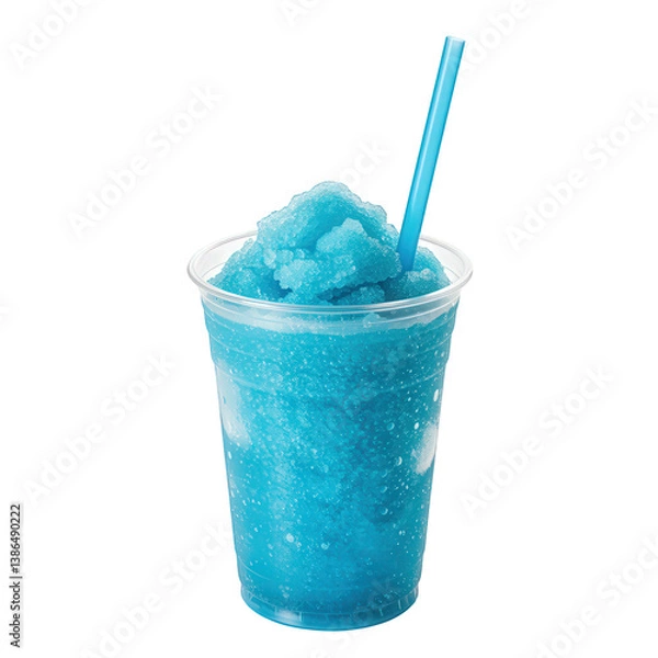Obraz Icy blue slushy in a to-go cup with a blue straw.