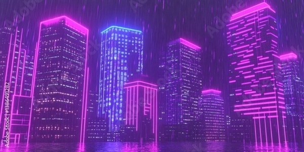 Obraz A vibrant neon cityscape illuminated by colorful lights during a rainstorm, showcasing futuristic skyscrapers reflecting in the water below, creating a captivating urban atmosphere