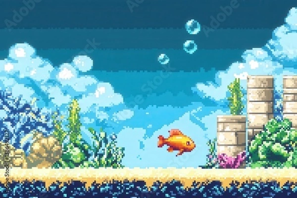 Obraz A vibrant underwater scene featuring a pixelated orange fish swimming among colorful corals and bubbles, with ancient stone structures in the background, evoking a nostalgic gaming atmosphere