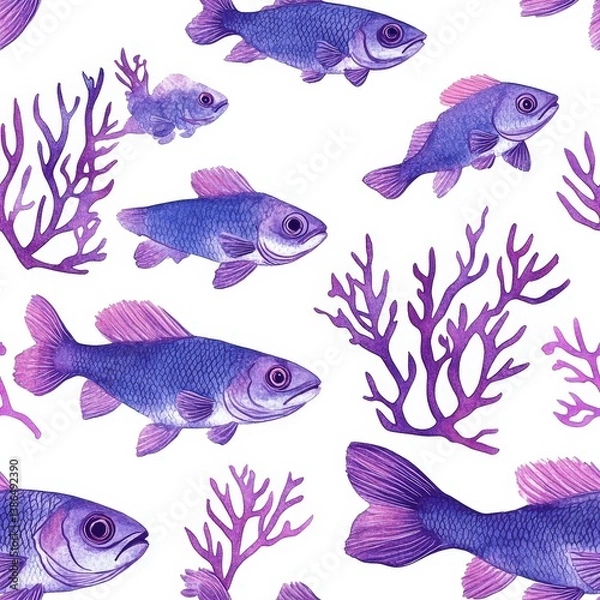 Obraz A vibrant underwater scene featuring various purple fish swimming among intricate coral formations against a clean white background, ideal for marine-themed designs or educational materials