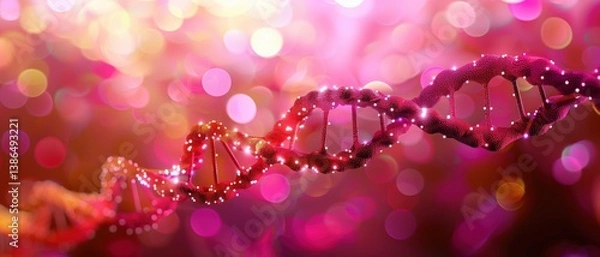 Obraz A vibrant, abstract representation of a DNA double helix illuminated with colorful lights, set against a dreamy pink bokeh background, symbolizing genetic research and innovation