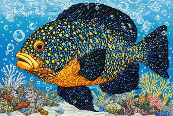 Obraz A vibrant, detailed illustration of a colorful fish swimming among coral reefs, surrounded by bubbles, showcasing the beauty of underwater life in a serene marine environment