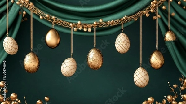 Fototapeta Exquisite Gold Decorated Eggs on a Luxurious Green Drapery Background