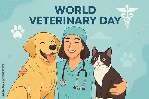Obraz World Veterinary Day: Celebrate with compassion and care. A veterinary doctor stands proudly, embracing a golden retriever and a cat against a backdrop of love and dedication.