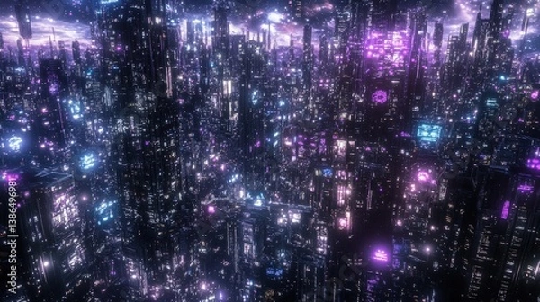 Obraz A vibrant, futuristic cityscape illuminated by colorful lights, showcasing towering skyscrapers and a bustling atmosphere, set against a cosmic backdrop filled with stars