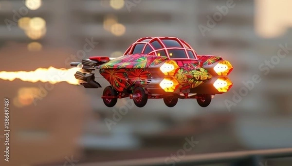 Obraz A vibrant, futuristic flying car with colorful designs and fiery exhaust soaring through an urban landscape at sunset, showcasing innovation and adventure in transportation