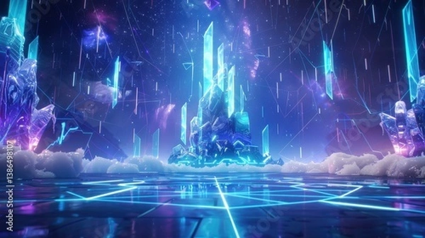 Obraz A vibrant, futuristic landscape featuring glowing crystalline structures amidst a digital sky filled with abstract light patterns, creating an immersive sci-fi atmosphere