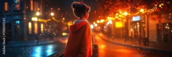 Obraz A young girl in a red cloak stands on a quiet street at night, surrounded by softly glowing lights and autumn leaves, evoking a sense of wonder and adventure in the city